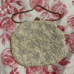 Vintage Pearlescent Sequin and White Beaded Mini Clutch Handbag